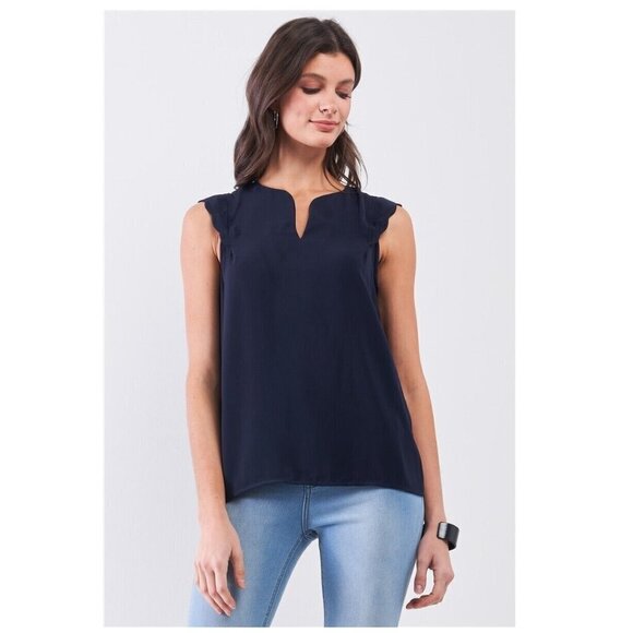 Sugarlips Tops - Womens Tank Top Navy Slit Neckline Scallop Hem Shoulder Loose Fit Sugar Lips NEW